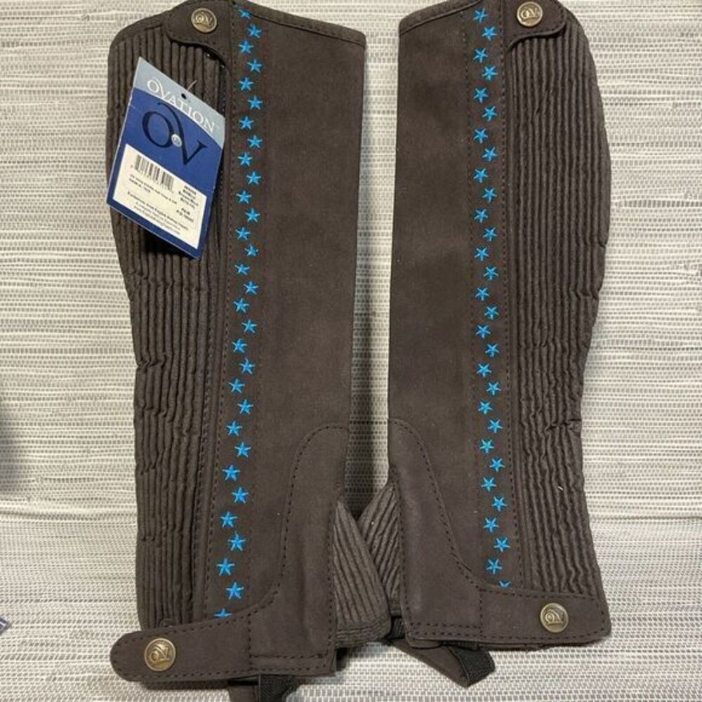 Ovation Child Stars Equestrian Half Chaps Leather Brown/Blue B Youth 12-14‎ NEW